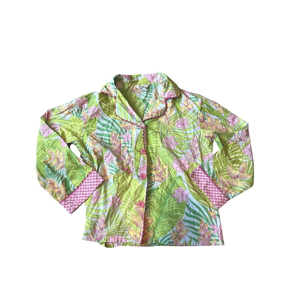 Lilly Pulizter Vintage Cotton Pink Green Floral Pajama PJ Botanical Garden Top S